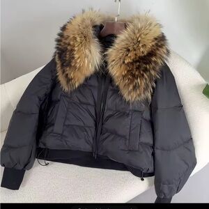 Black Puffer Jacket with Raccoon  Fur Collar.